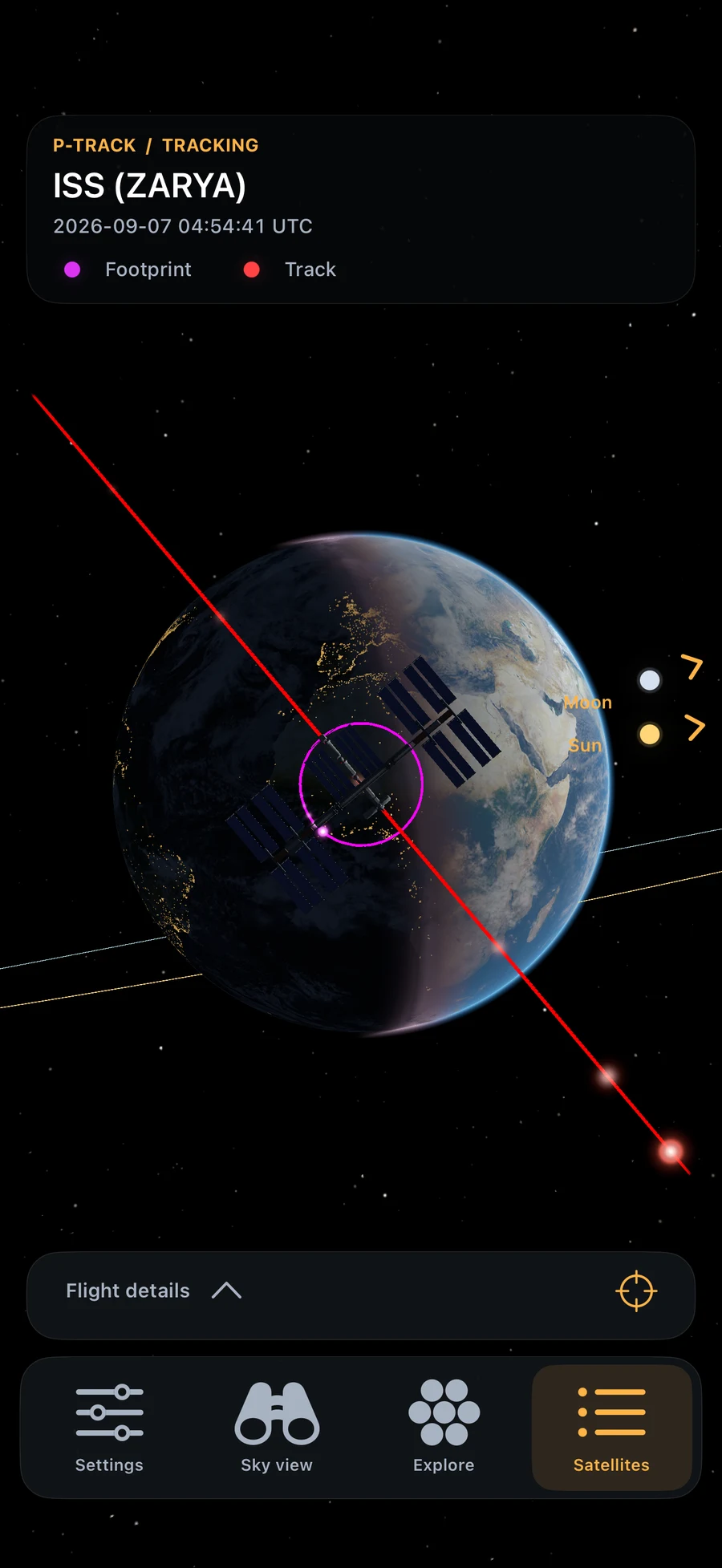 P-Track tracking the ISS over a detailed Earth, with red ground track and purple coverage footprint