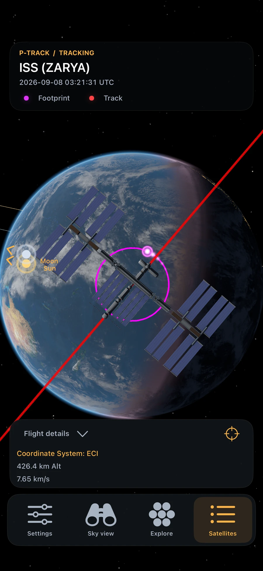 Close-up of the ISS above Earth with altitude and velocity in the open flight details panel