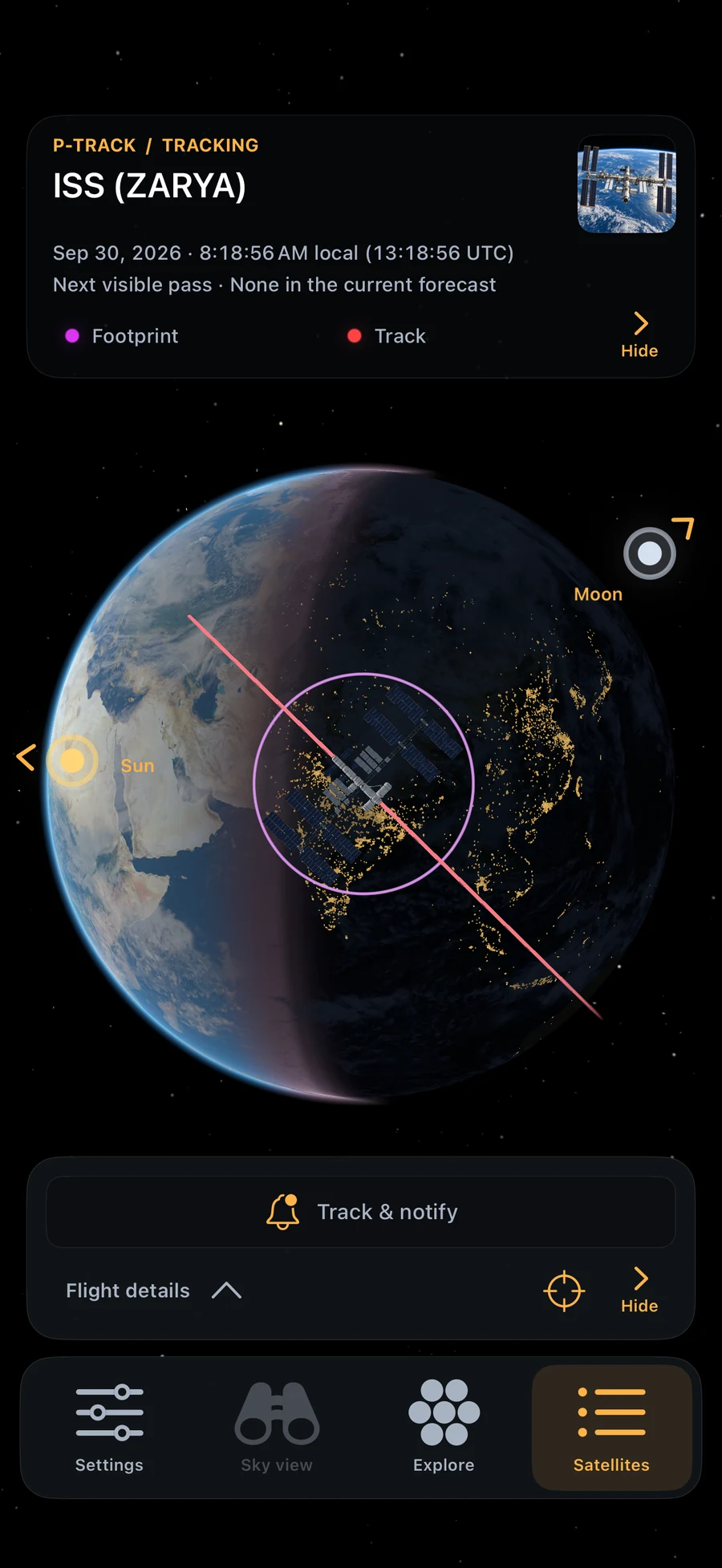 ISS above Earth with the next visible pass, orbit track and footprint