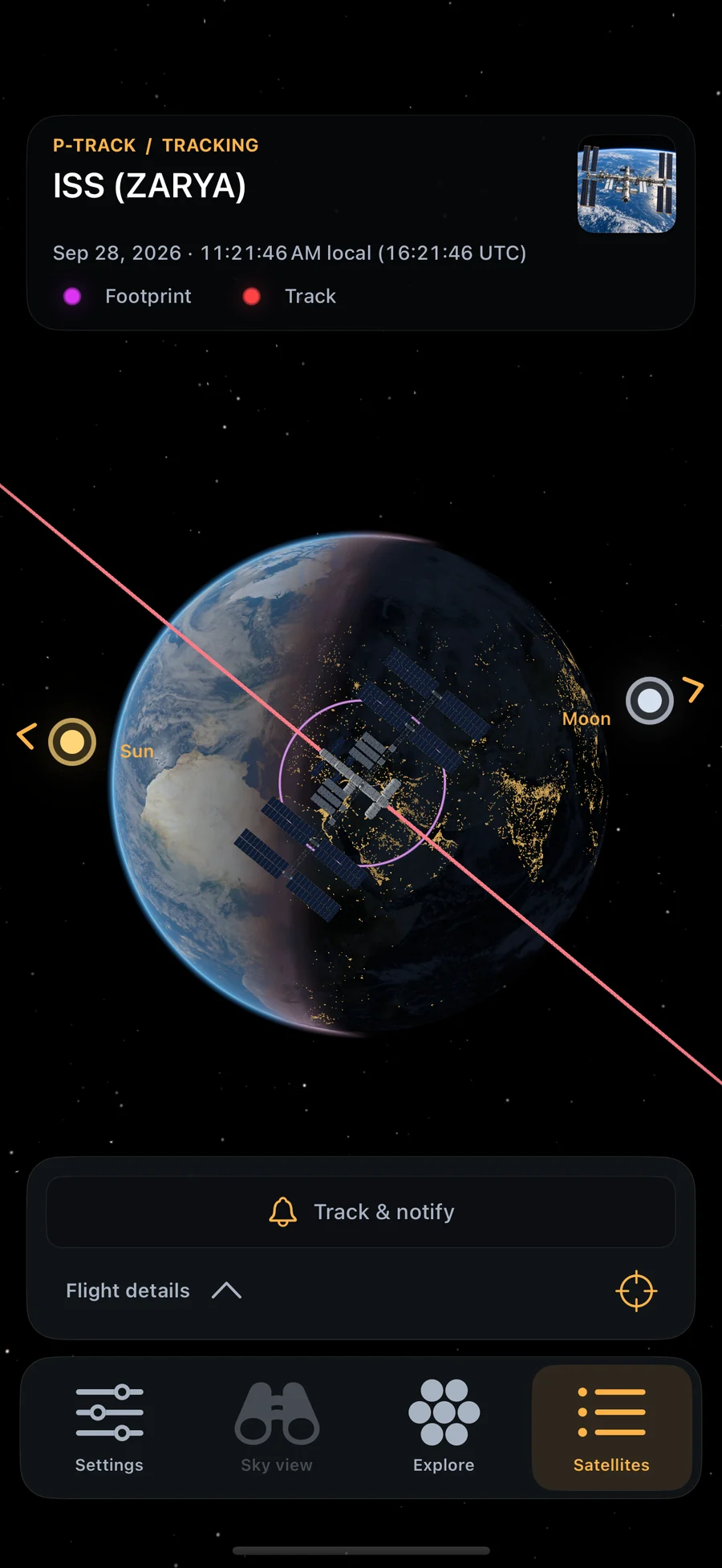 ISS tracking on P-Track’s globe with the Track and notify shortcut