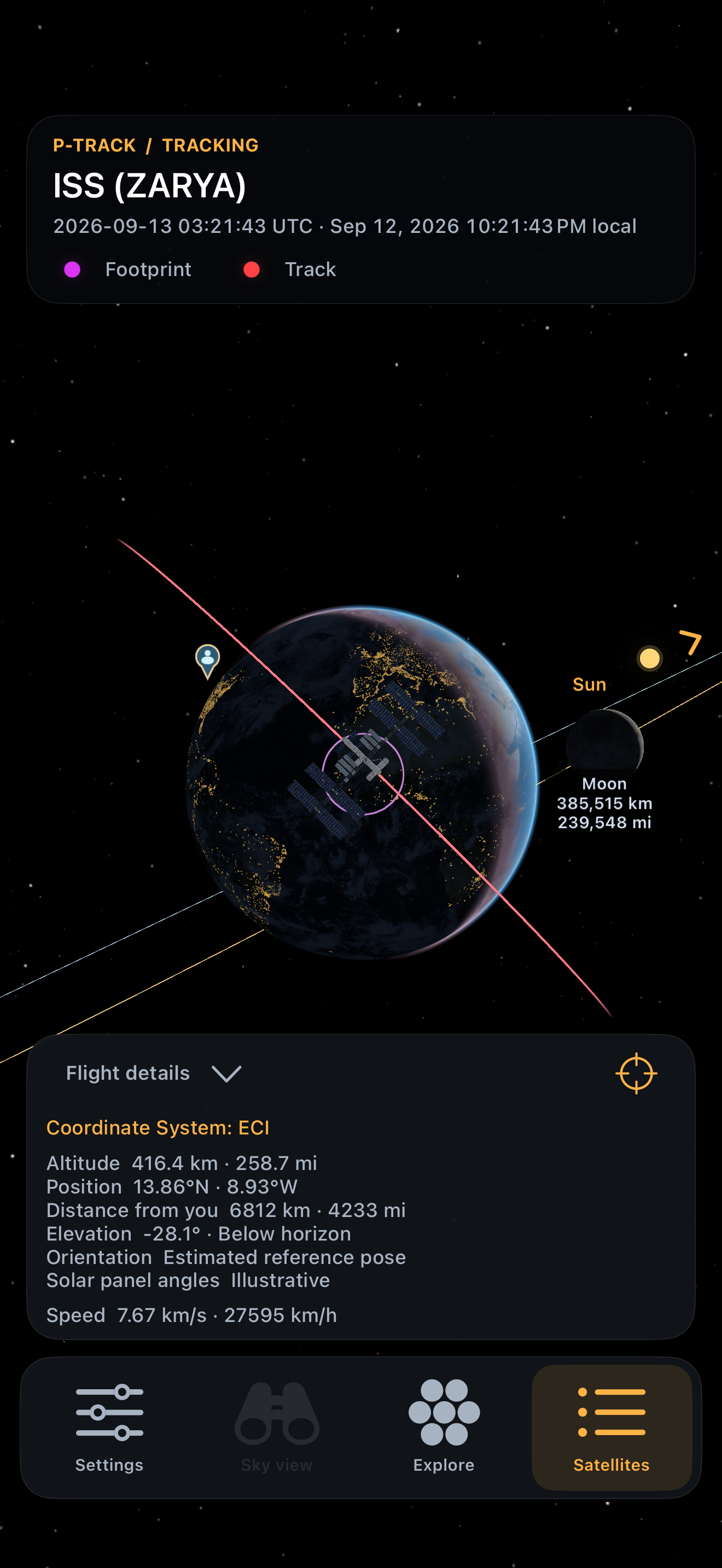 ISS flight details with Earth and the Moon visible beside it