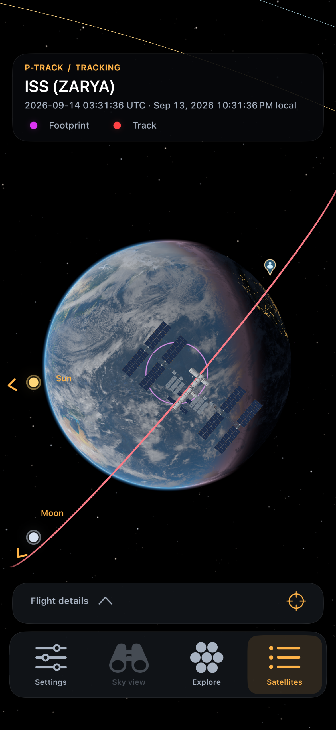Detailed International Space Station above Earth, with its track and coverage footprint