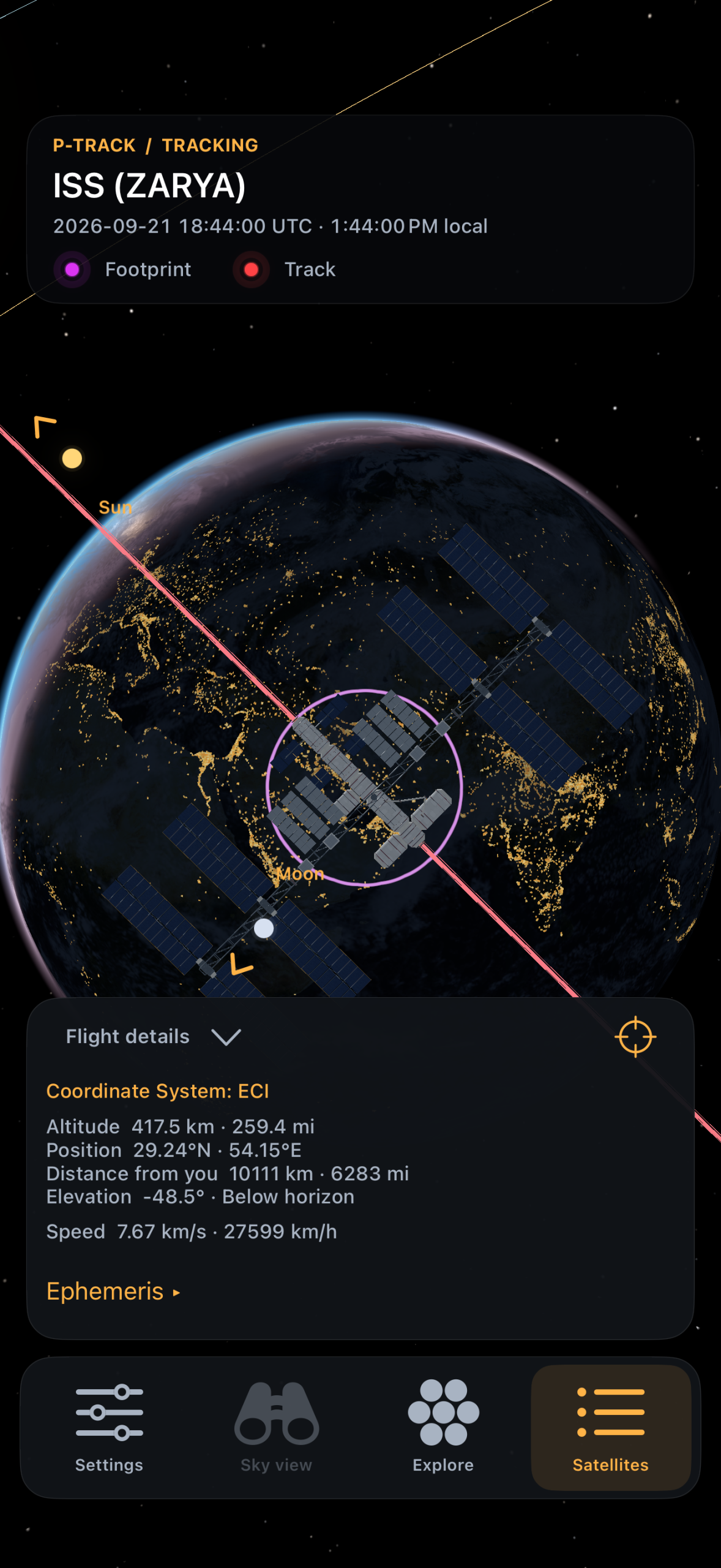 ISS flight details with Earth and the Moon visible beside it