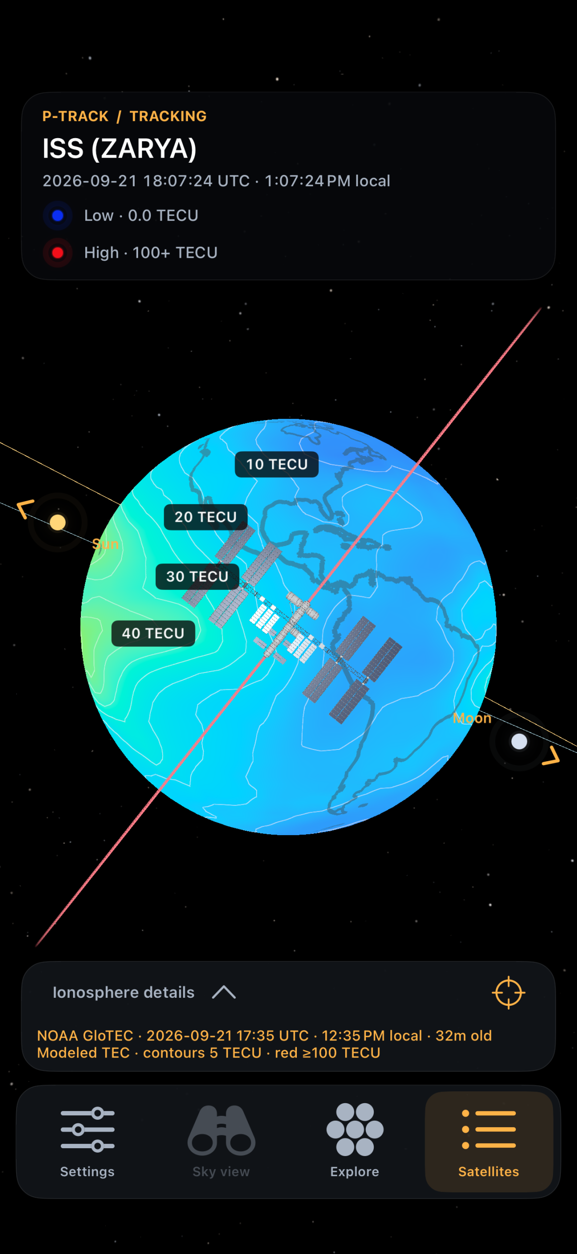 NOAA GloTEC VTEC map with aligned continent outlines and labeled contours over Earth
