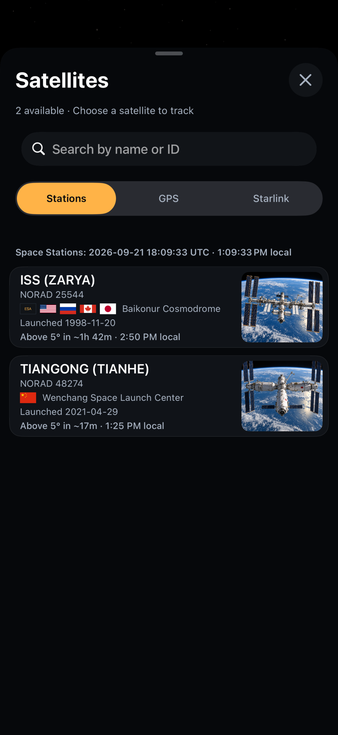 ISS and Tiangong in the P-Track satellite library