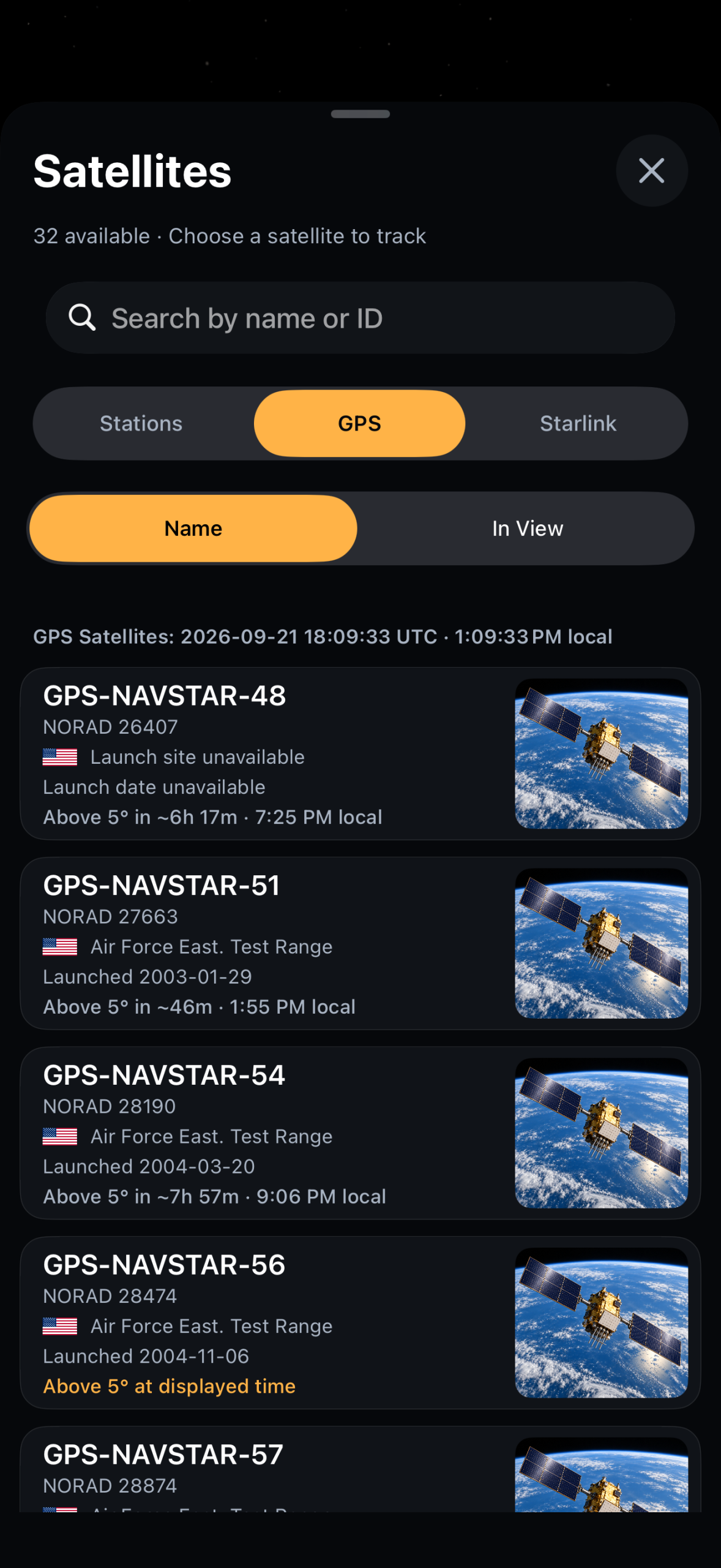 GPS satellite library with launch information and pass forecasts