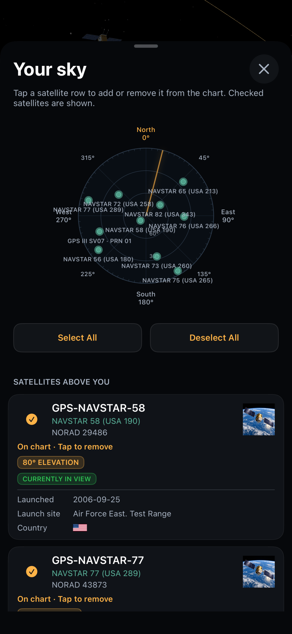 GPS satellites plotted on the P-Track Sky View chart