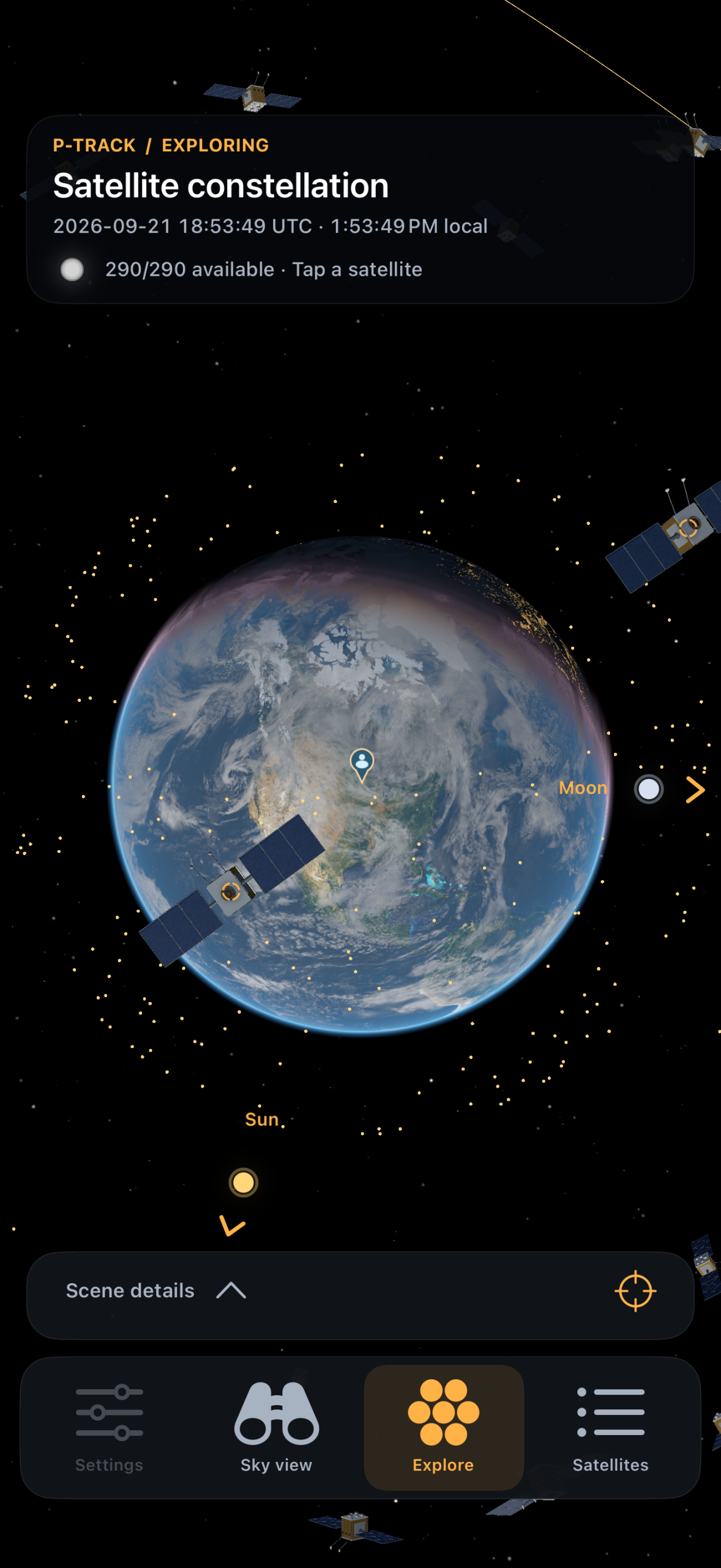 P-Track constellation with detailed nearby spacecraft and distant satellite dots