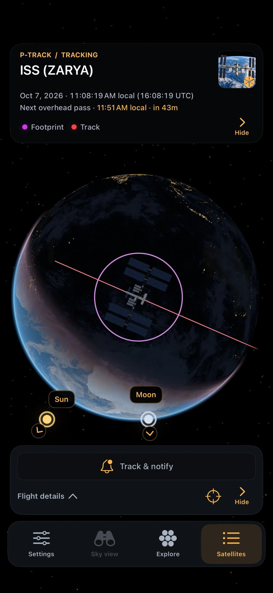 ISS above Earth with the next pass, orbit track and footprint