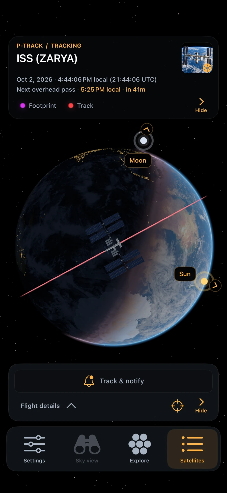 ISS above Earth with the next pass, orbit track and footprint