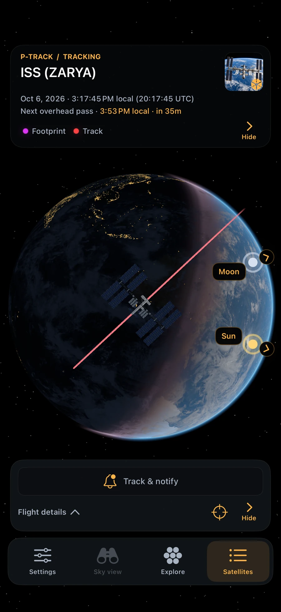 ISS above Earth with the next pass, orbit track and footprint